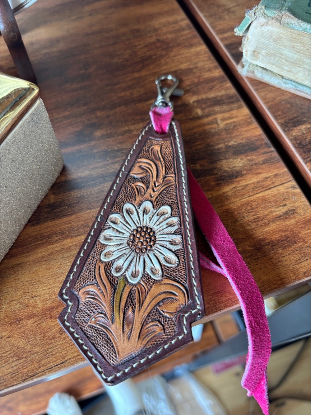 Hand-Tooled  Daisy Keychain with Pink Suede Strap
